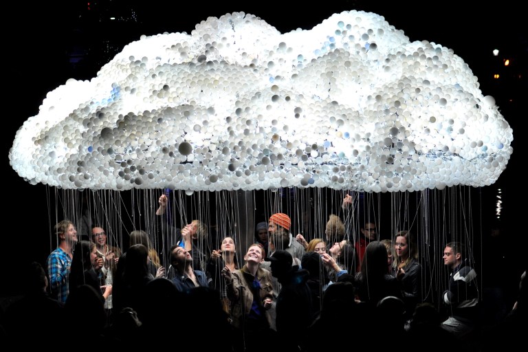 Audiences interacting with the first edition of CLOUD at Nuit Blanche Calgary. Photo credit: Doug Wong